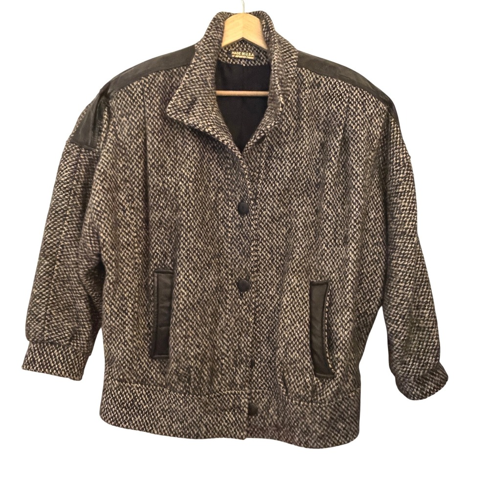 Braetan Tweed Bomber Jacket Womens L Grey Excellent 80s Vintage Leather Wool